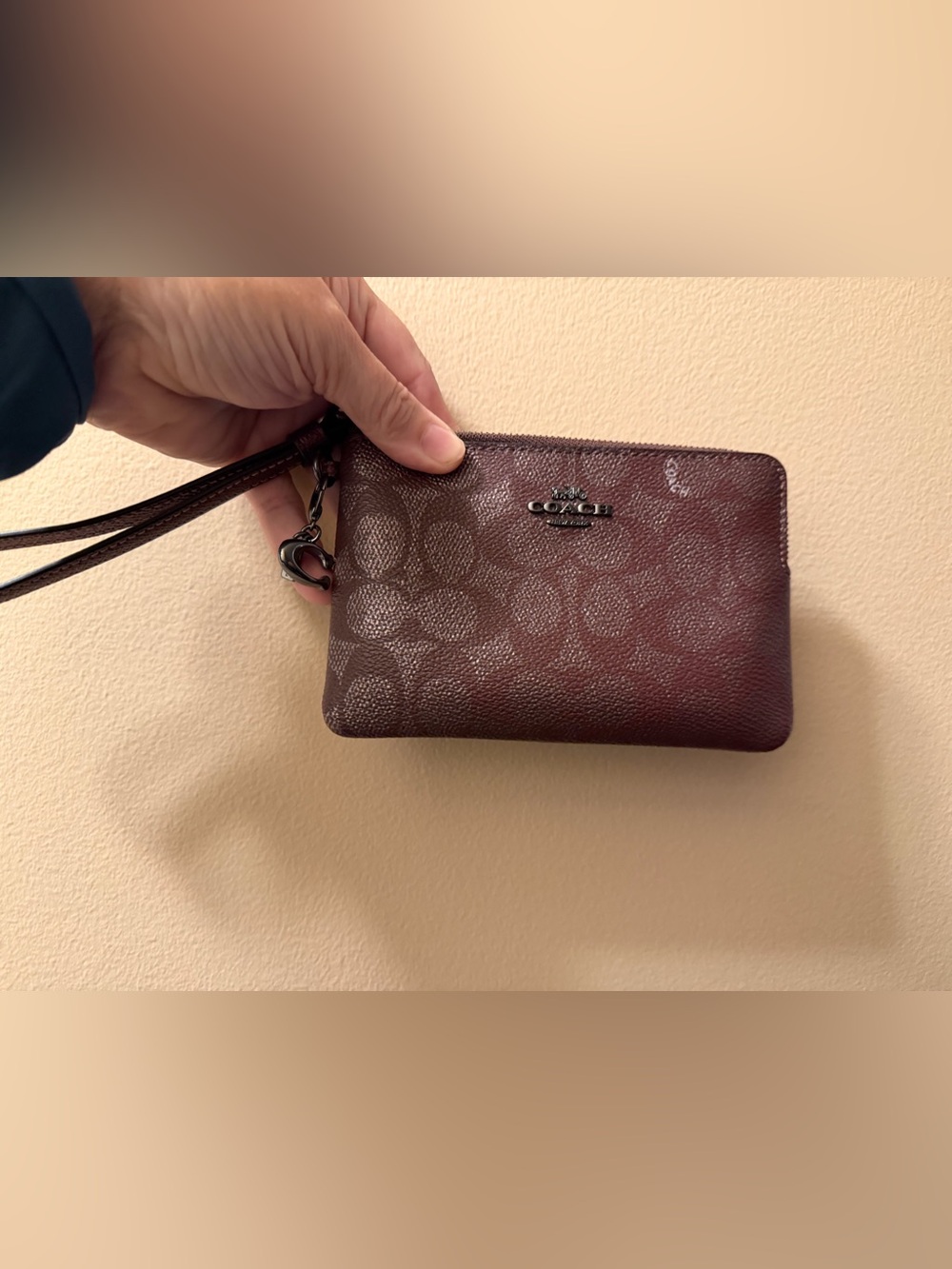 Coach Signature Wristlet in Metallic Burgundy Brown